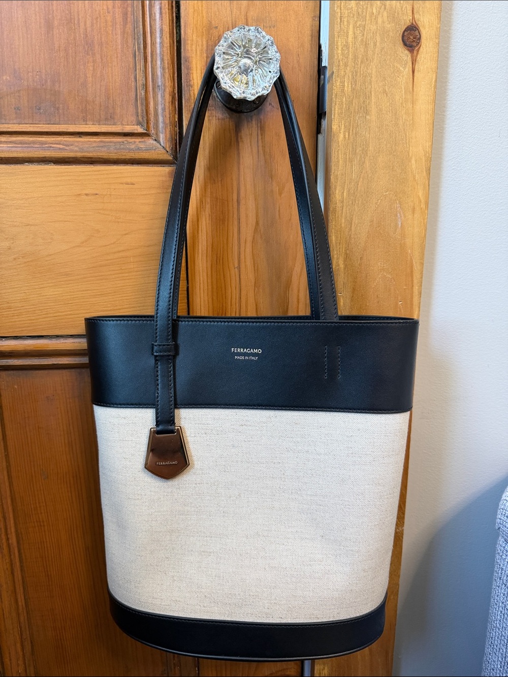 Salvatore Ferragamo Black and Cream Canvas Leather-Trim Tote